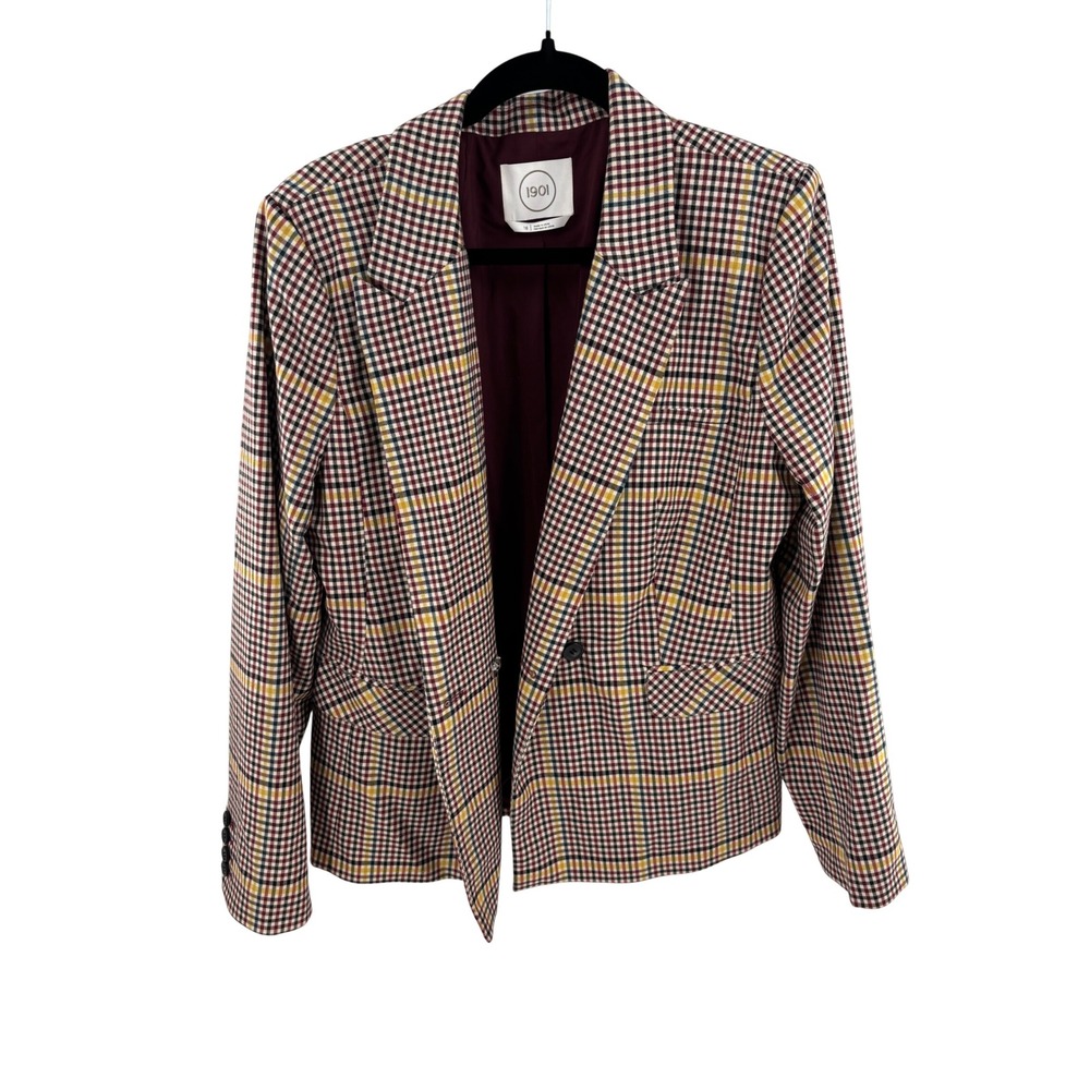 1901 Nordstrom Womens Plaid Single Button‎ Blazer Burgundy Yellow Navy Size 16